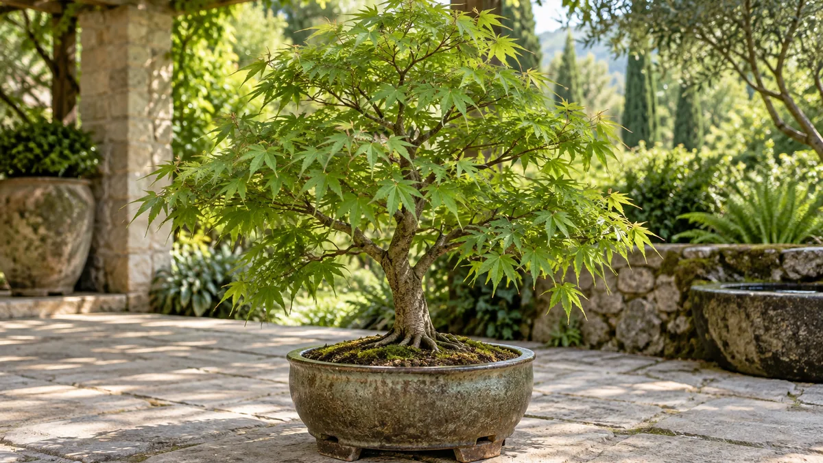 Acer palmatum nain dans un pot percé sur une terrasse à mi-ombre