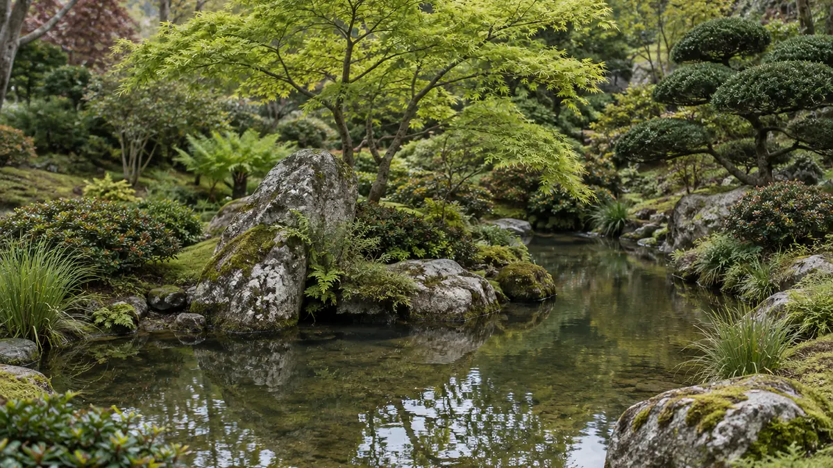 Aménagement d’un jardin japonais avec bassin, pierres et végétaux taillés