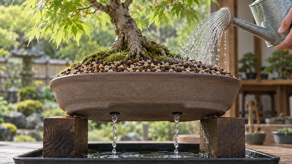Arrosage du substrat d’un bonsaï Acer palmatum avec un arrosoir à pomme fine