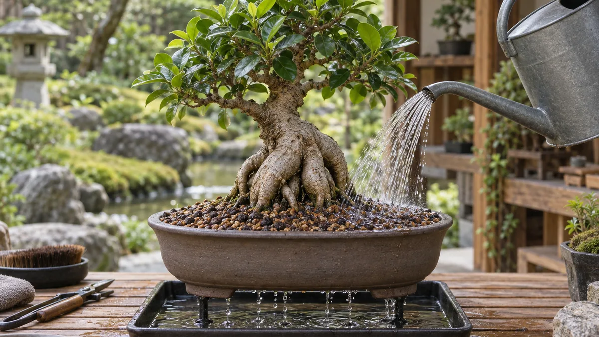 Arrosage complet d’un bonsai ficus ginseng dans un substrat drainant