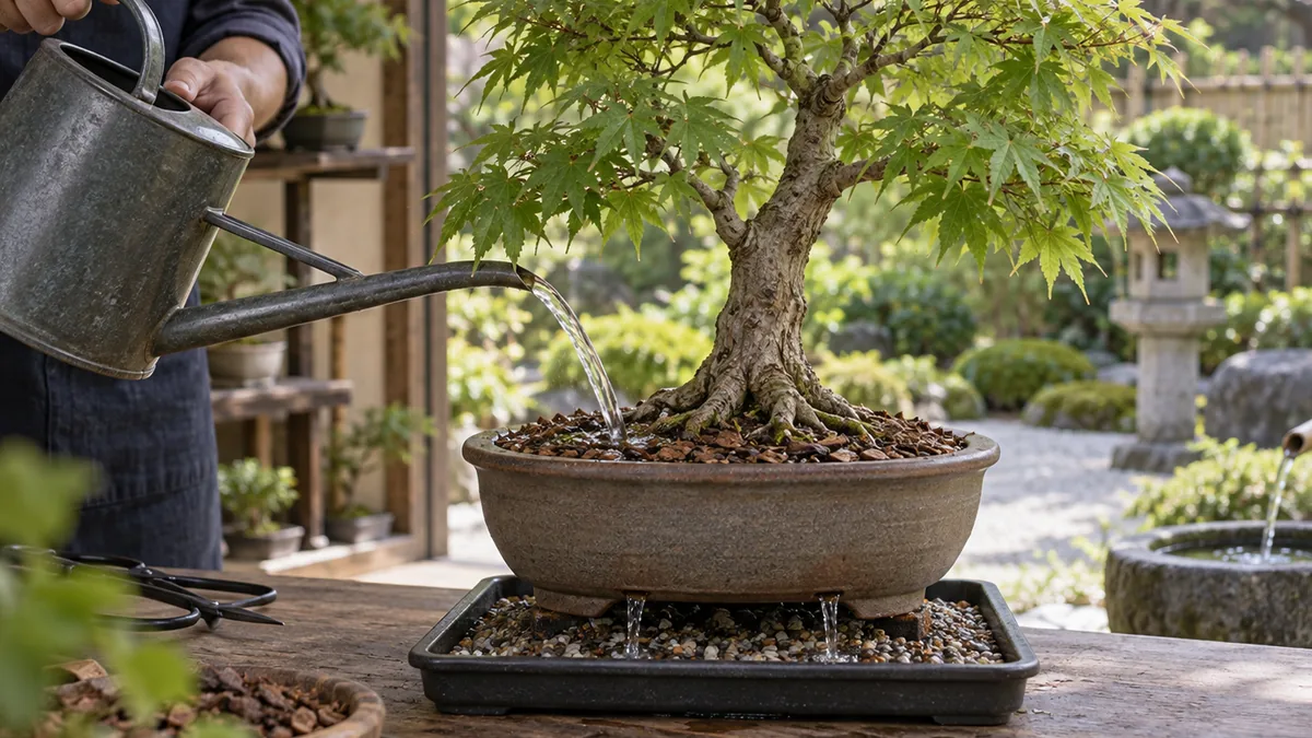 Arrosage estival au pied d’un Acer palmatum paillé