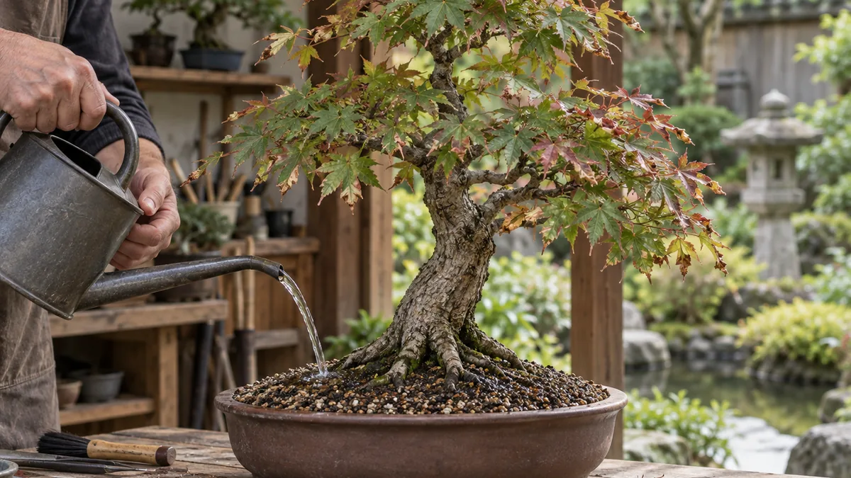 Arrosage lent d’un érable du Japon dont les feuilles sèchent