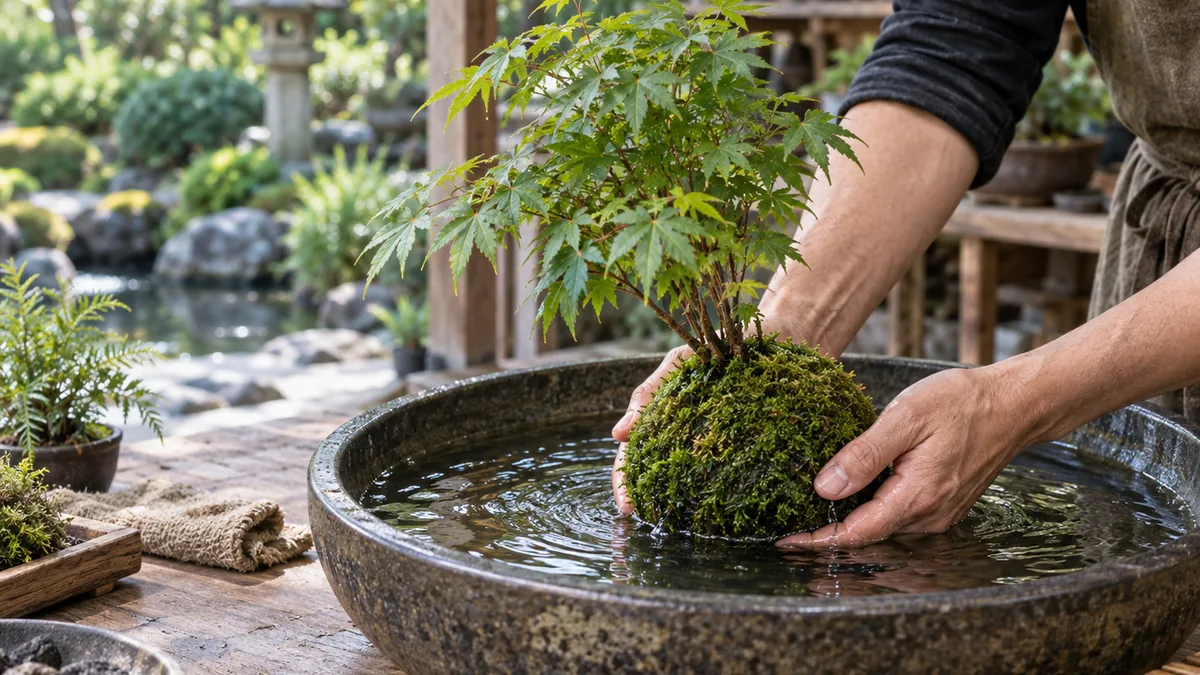 Arrosage d’un kokedama dans une bassine avant égouttage