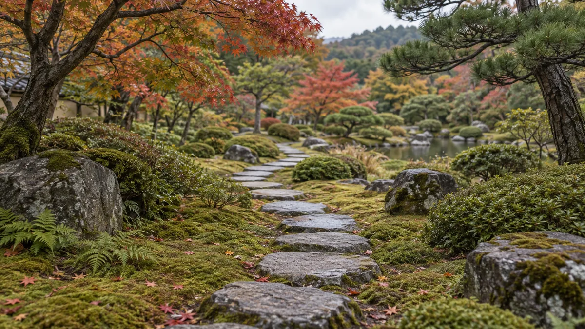 Allée pas japonais en pierre naturelle dans un jardin d’inspiration japonaise