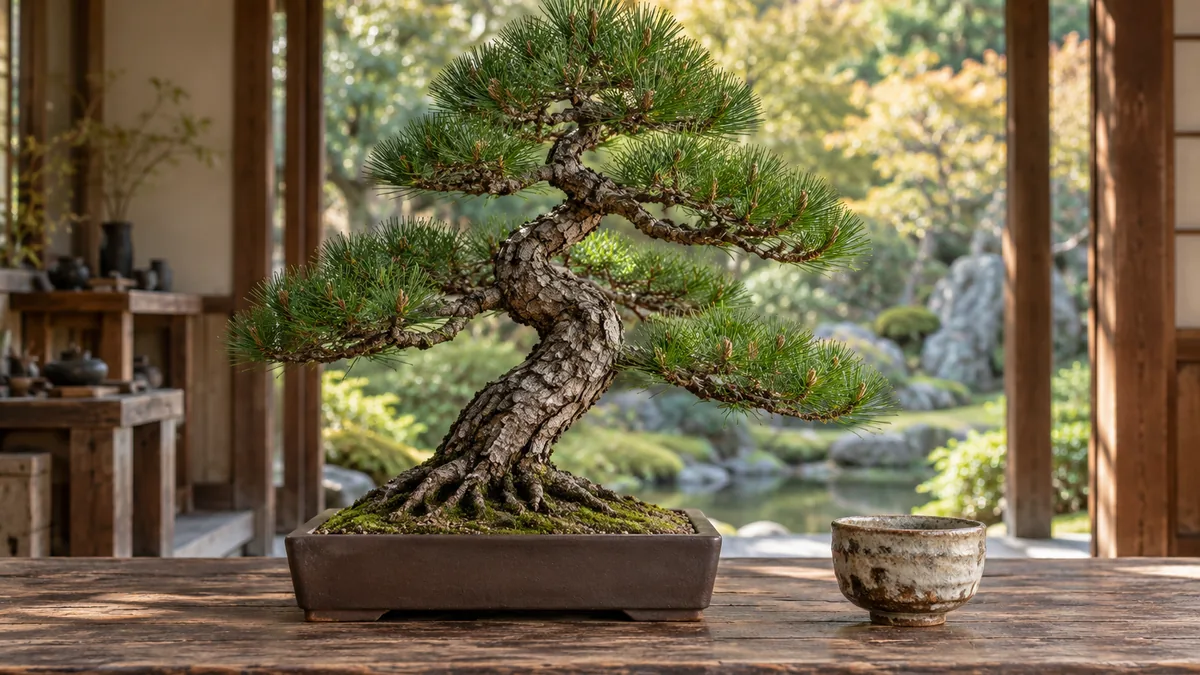 Bonsaï présenté près d’un objet artisanal japonais
