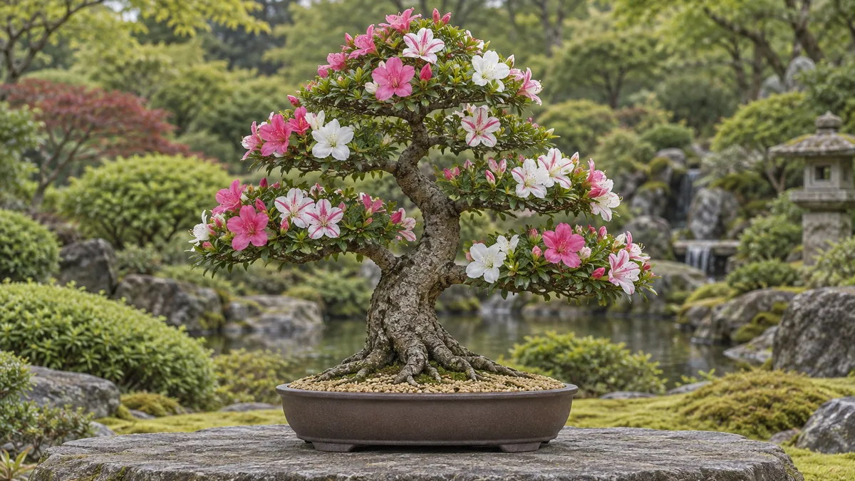 Bonsaï azalée Satsuki couvert de fleurs roses et blanches