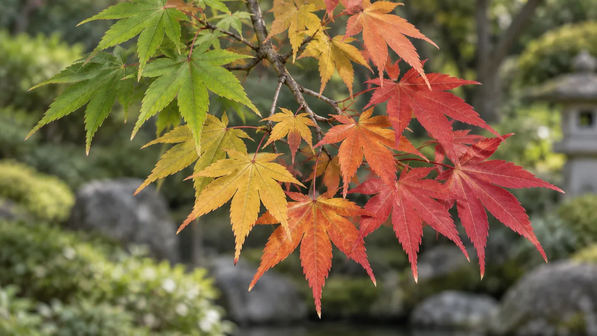 Feuilles d’un érable du Japon mêlant vert, jaune, orange et rouge en automne