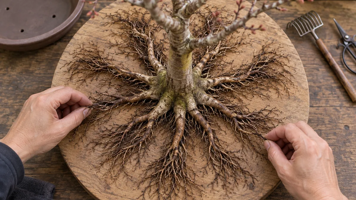 Disposition radiale des racines de surface lors du rempotage d’un bonsaï