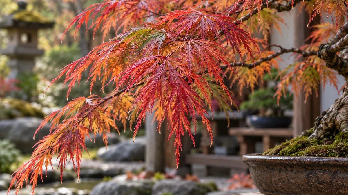 Feuillage finement découpé d’un Acer palmatum var. dissectum en automne