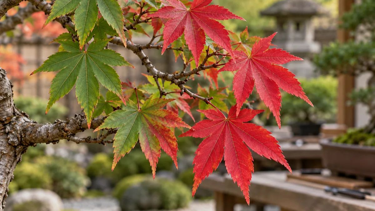 Feuilles vertes et rouge vif d’un Acer palmatum Osakazuki en automne