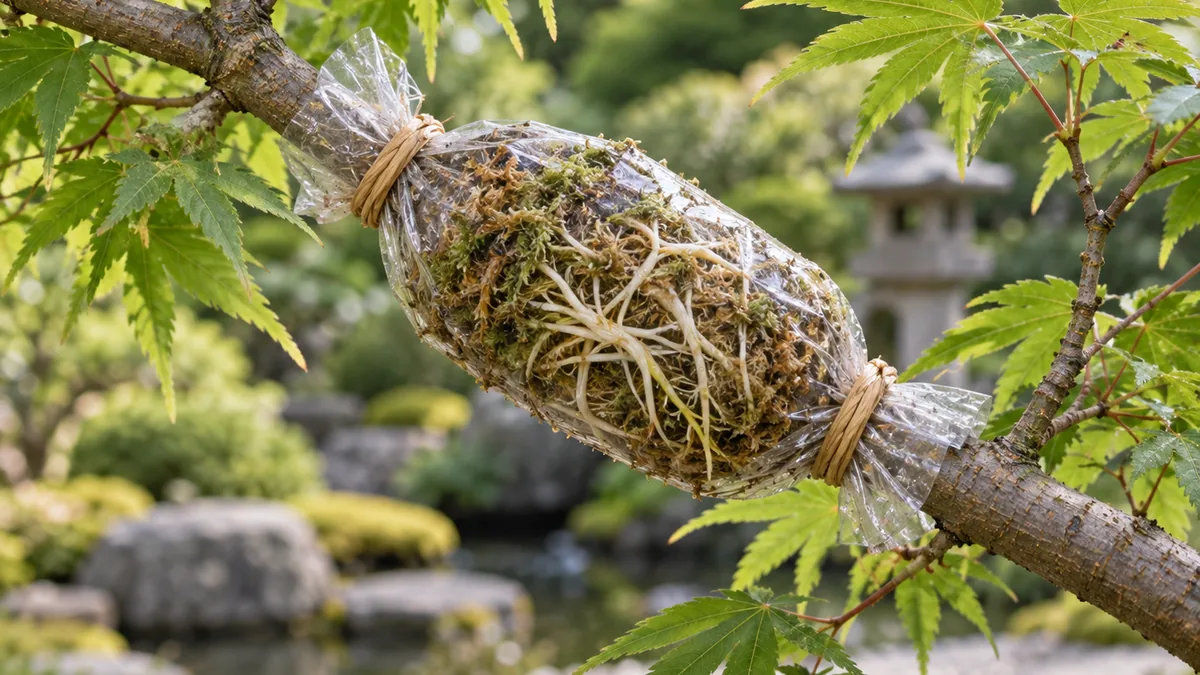 Marcottage aérien sur une branche d’érable du Japon avec racines visibles