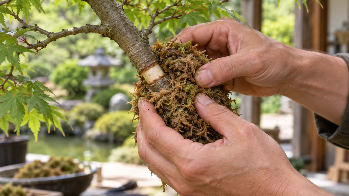 Sphaigne humide maintenue autour d’une branche d’érable du Japon pour un marcottage aérien