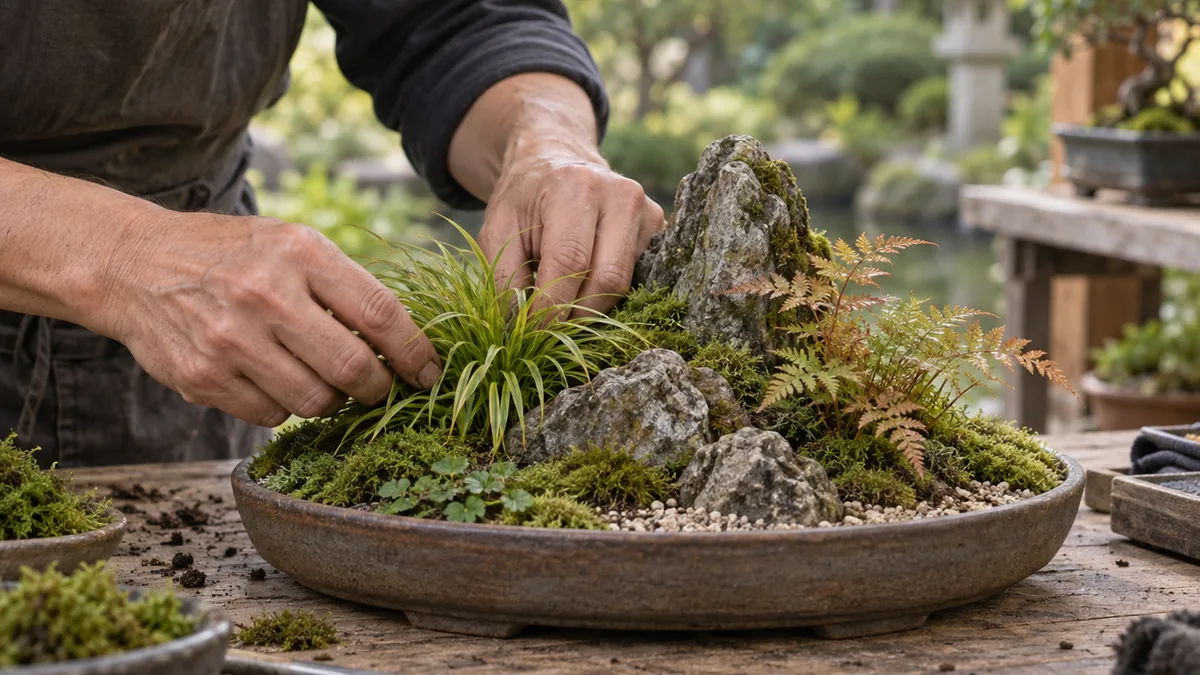 Composition d’un mini-jardin japonais avec pierres, mousse et végétaux