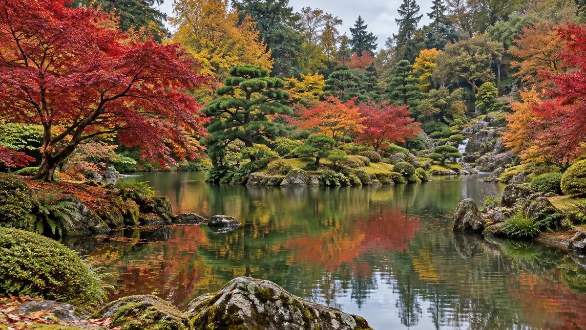Plan d'eau, rochers et érables du Parc oriental de Maulévrier en automne