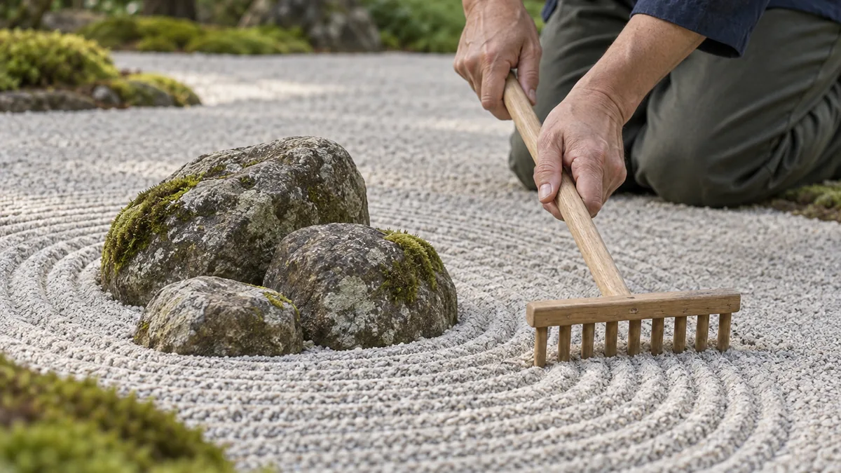 Râteau en bois restaurant les lignes du gravier autour de pierres dans un jardin zen