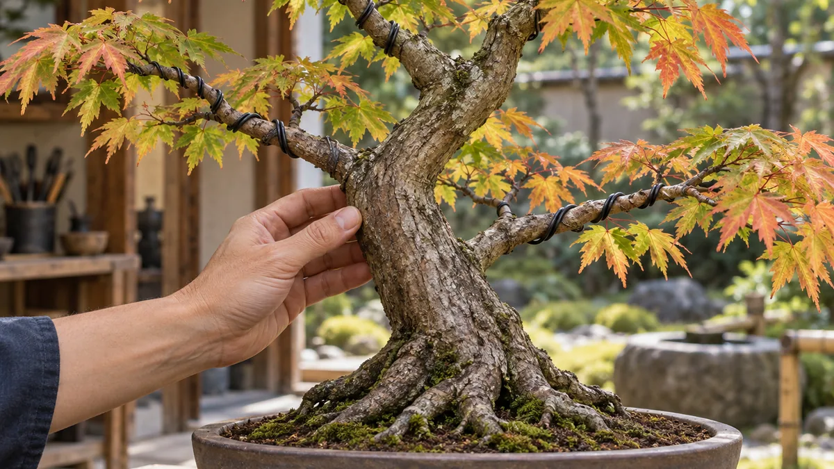 Contrôle des fils de ligature d’un bonsaï au début de l’automne