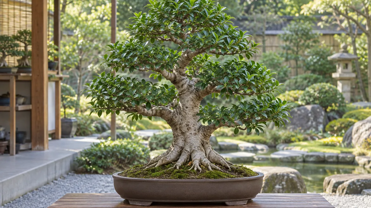 Bonsai ficus microcarpa au feuillage dense dans un pot japonais