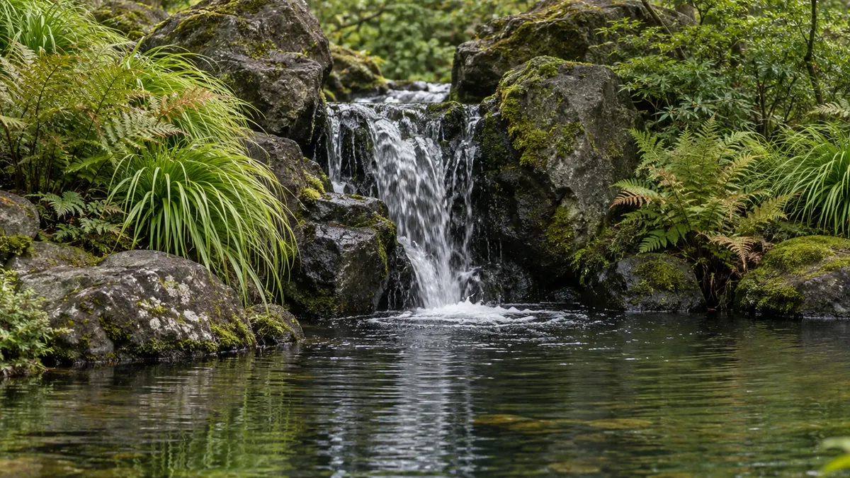 Petite cascade japonaise alimentant un bassin paysager