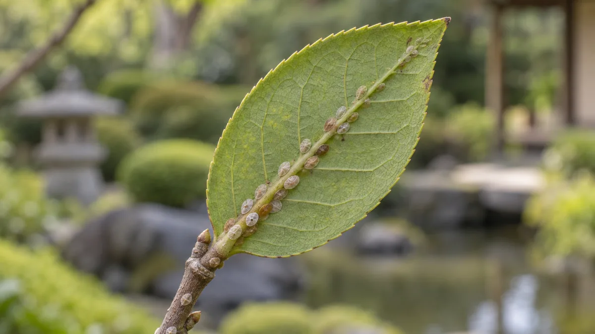 Cochenilles visibles sous une feuille de camélia malade
