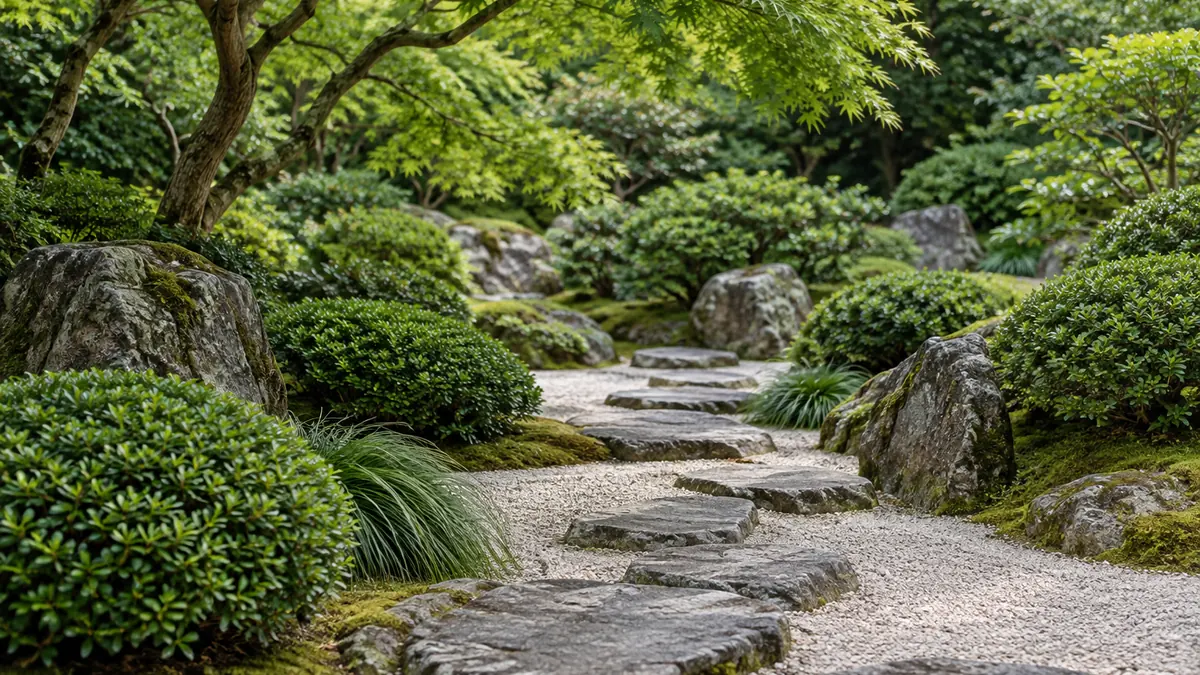 Composition d’un jardin japonais traditionnel avec pierres, chemin et végétation taillée