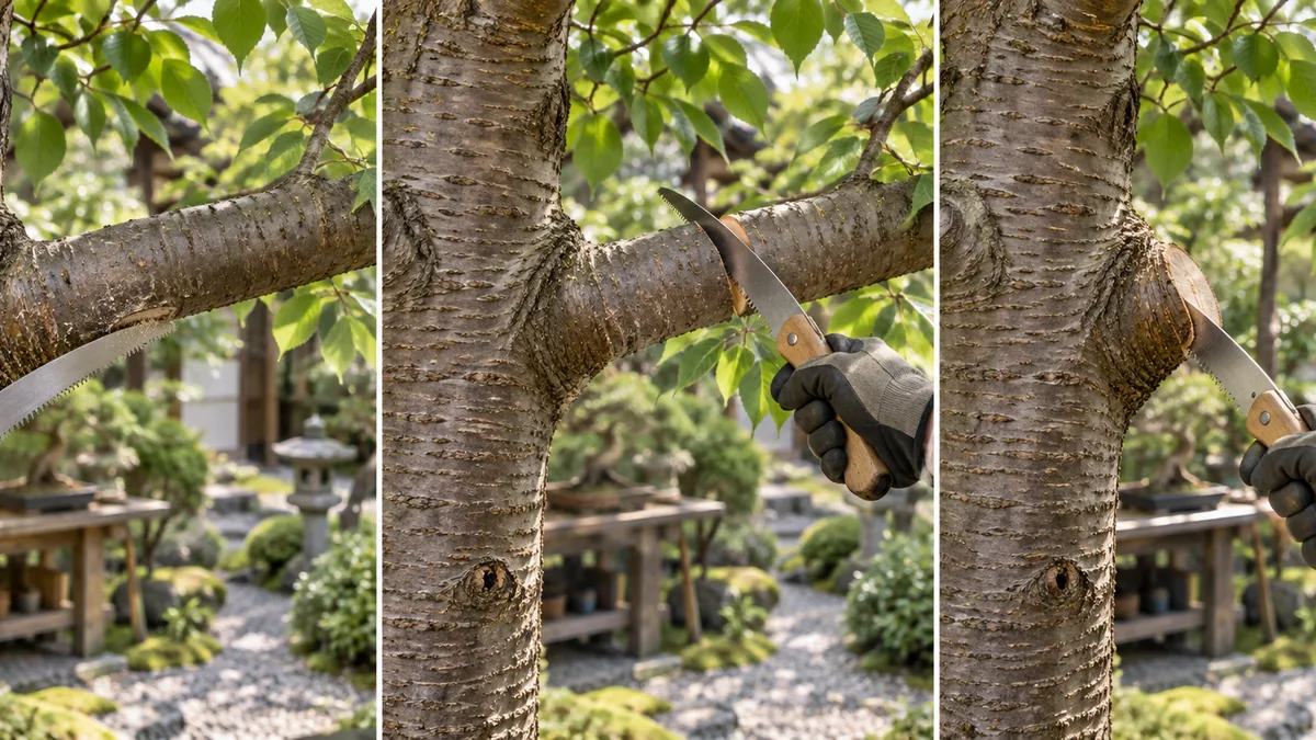 Coupe en trois étapes d'une branche de cerisier du Japon près du collet