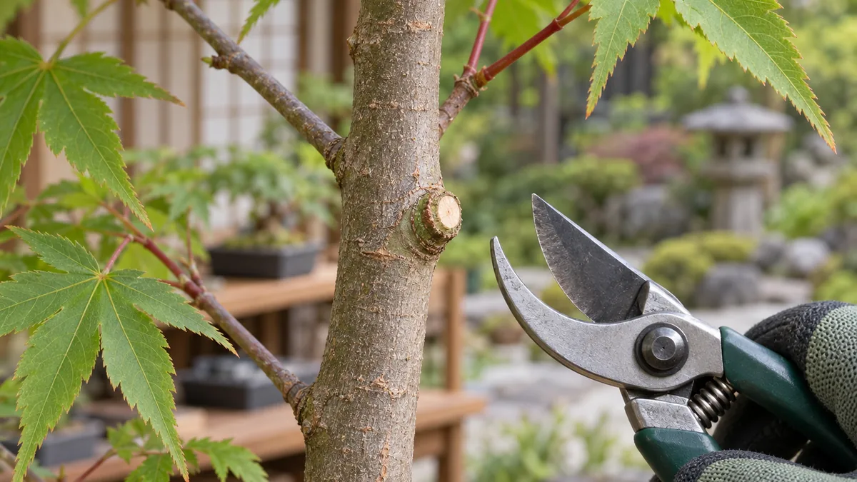 Coupe d’une branche d’érable du Japon respectant le collet