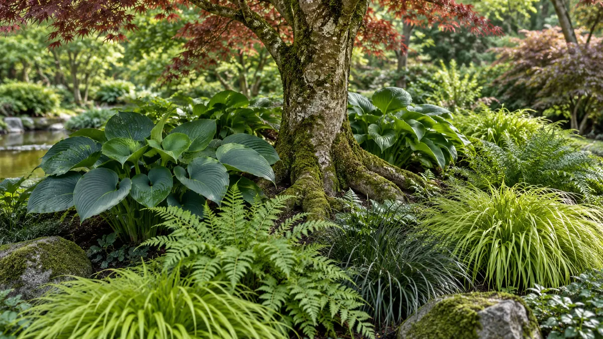 Hostas, fougères et hakonechloas sous un érable du Japon