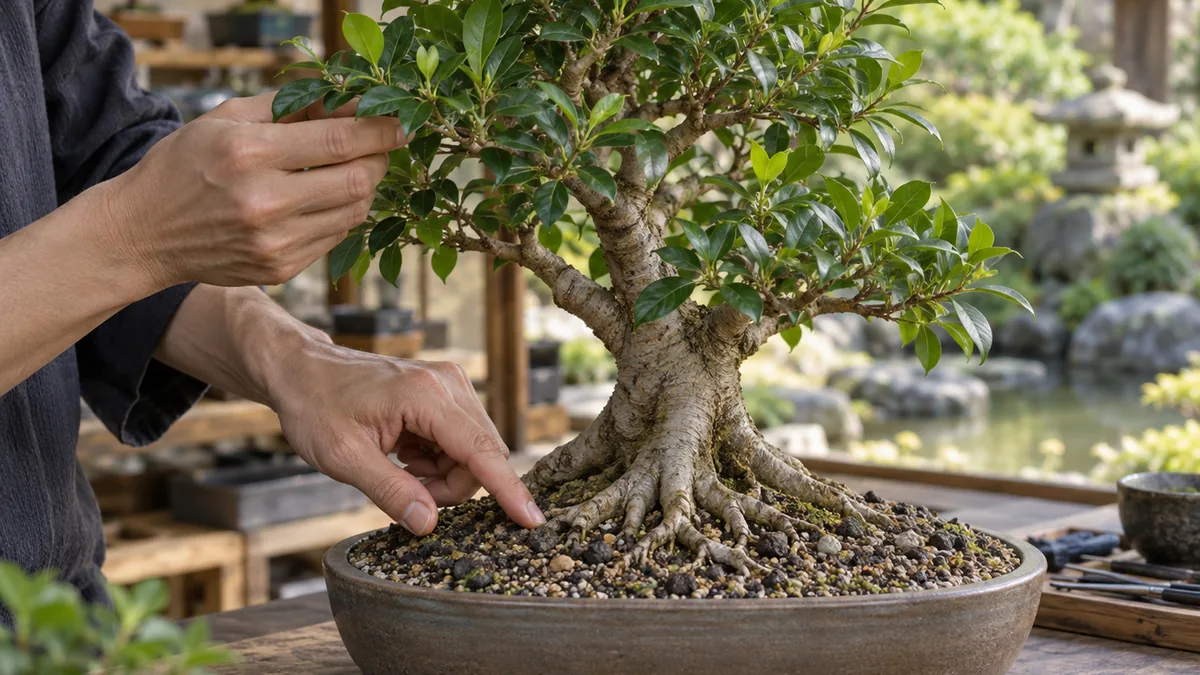 Observation des feuilles et du substrat d’un ficus bonsaï