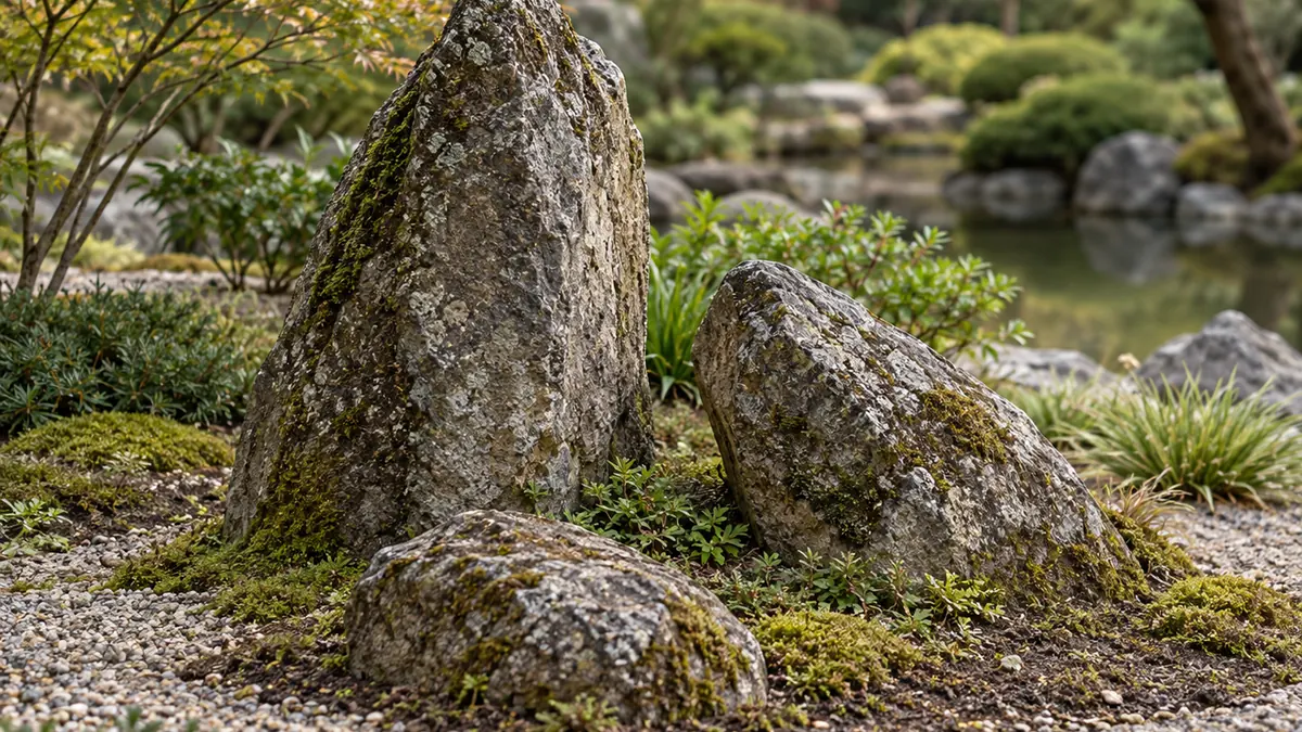 Disposition asymétrique de trois roches dans un jardin japonais