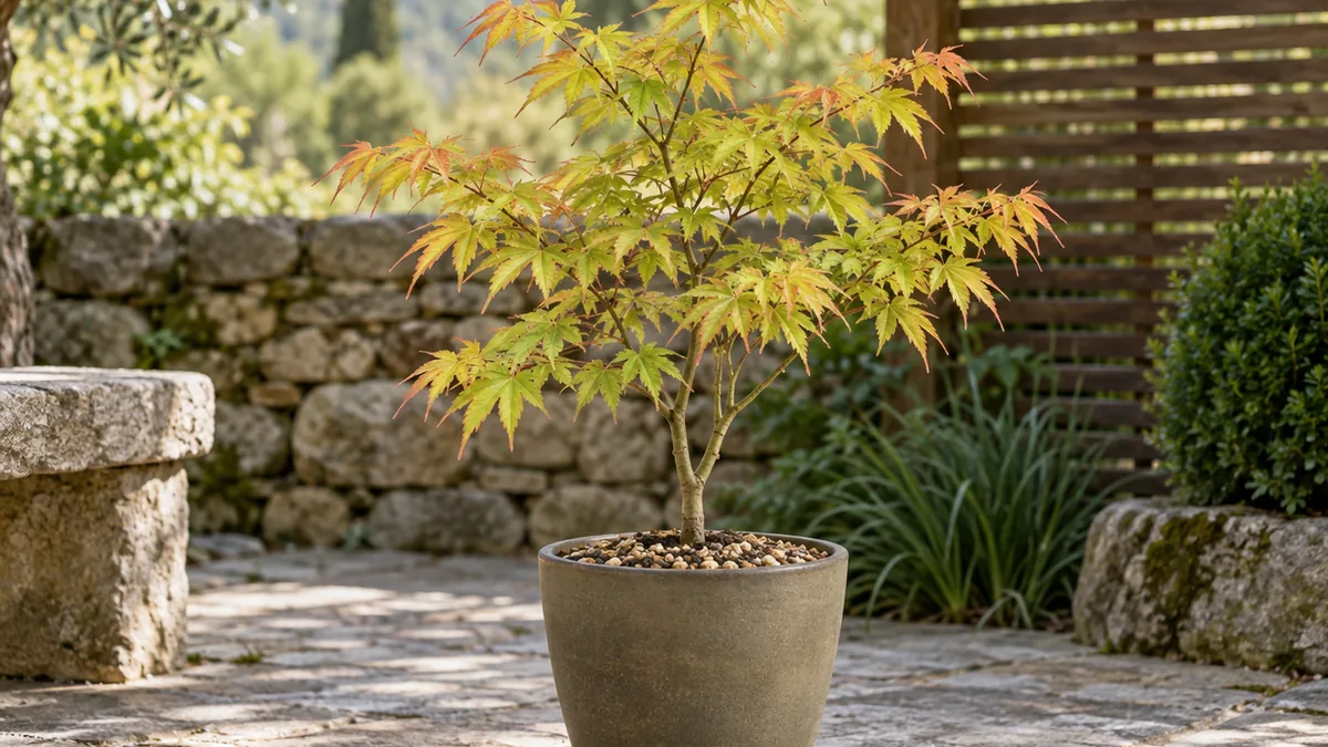 Érable Orange Dream cultivé en pot à la mi-ombre sur une terrasse