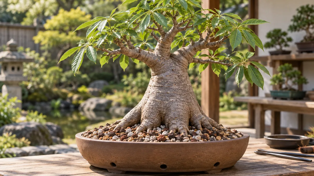 Baobab bonsaï exposé au soleil dans un substrat minéral drainant