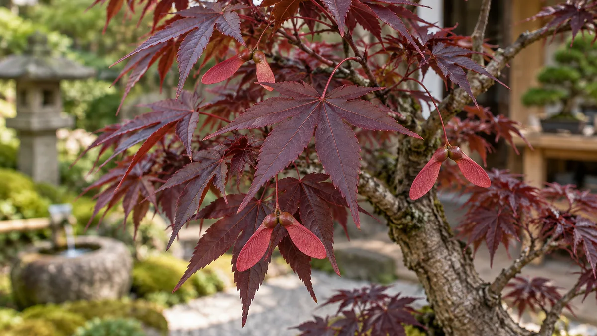 Feuilles palmées pourpres et samares rouges de l’érable Bloodgood