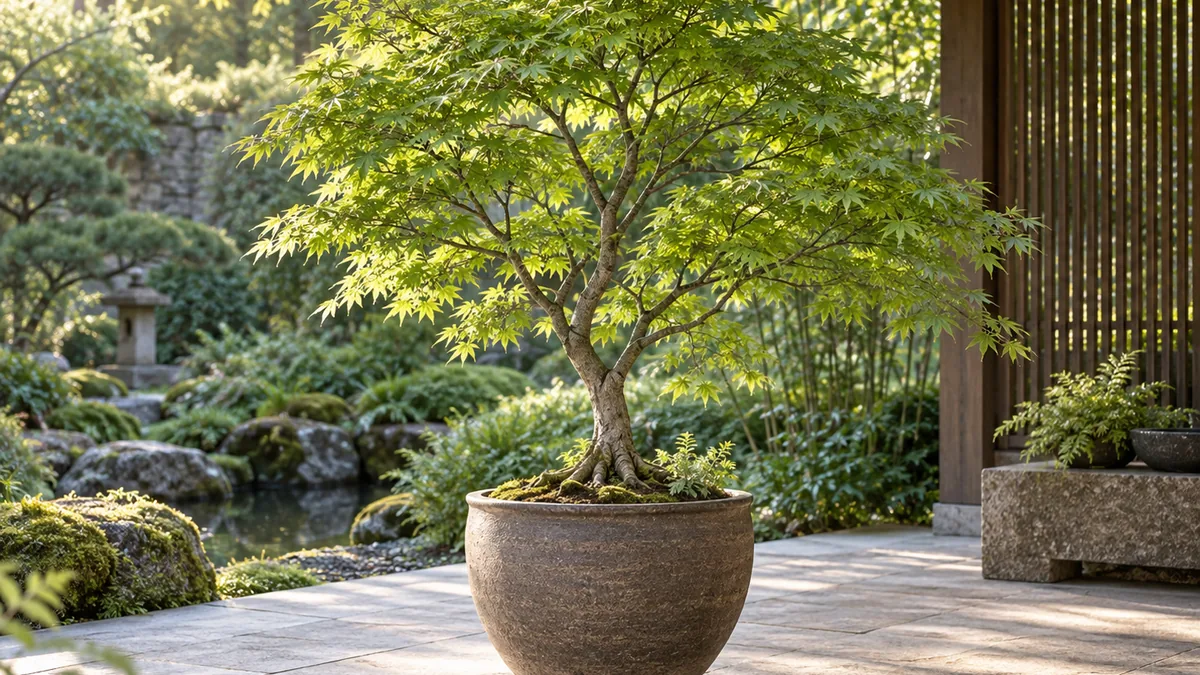 Érable du Japon en pot au soleil du matin et à l’ombre l’après-midi
