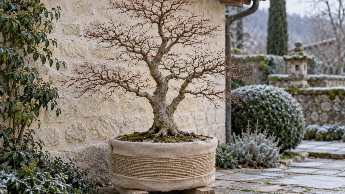 Pot d’érable du Japon isolé du gel avec un voile d’hivernage