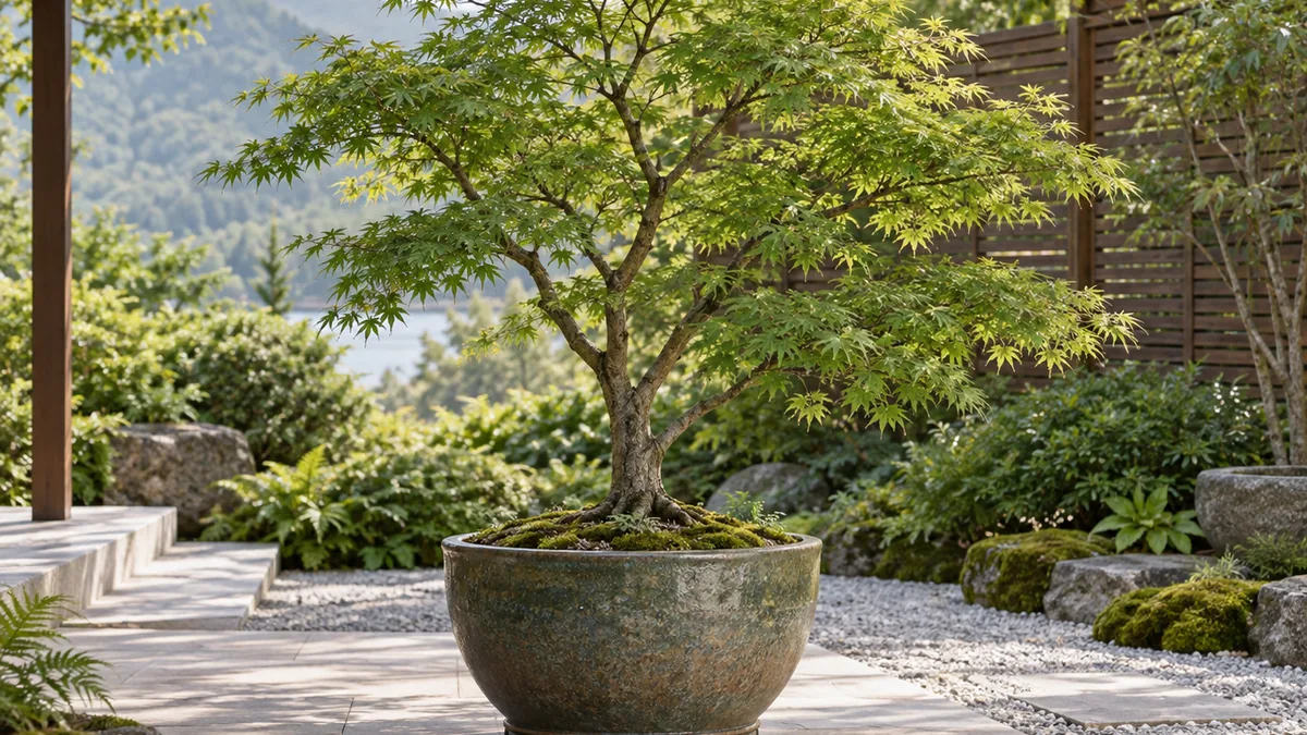Érable du Japon en pot sur une terrasse zen ombragée