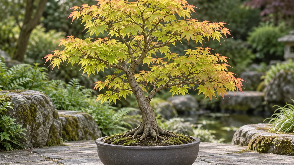 Érable Katsura cultivé en pot à mi-ombre dans un jardin japonais