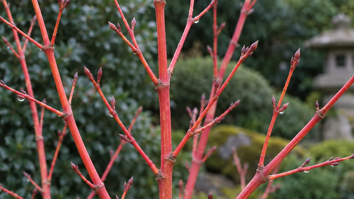 Jeunes rameaux rouge corail de l’érable du Japon Sango Kaku en hiver