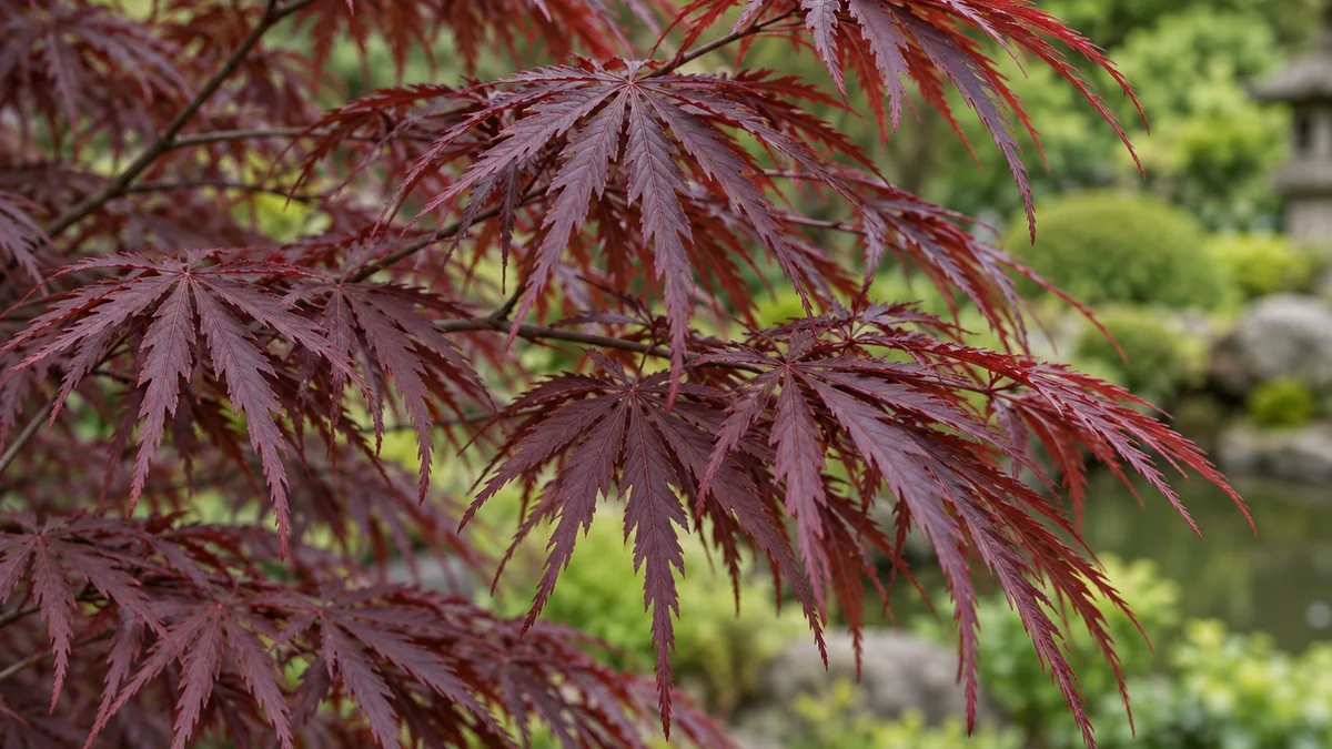 Feuilles rouges et découpées d’un Acer palmatum Garnet