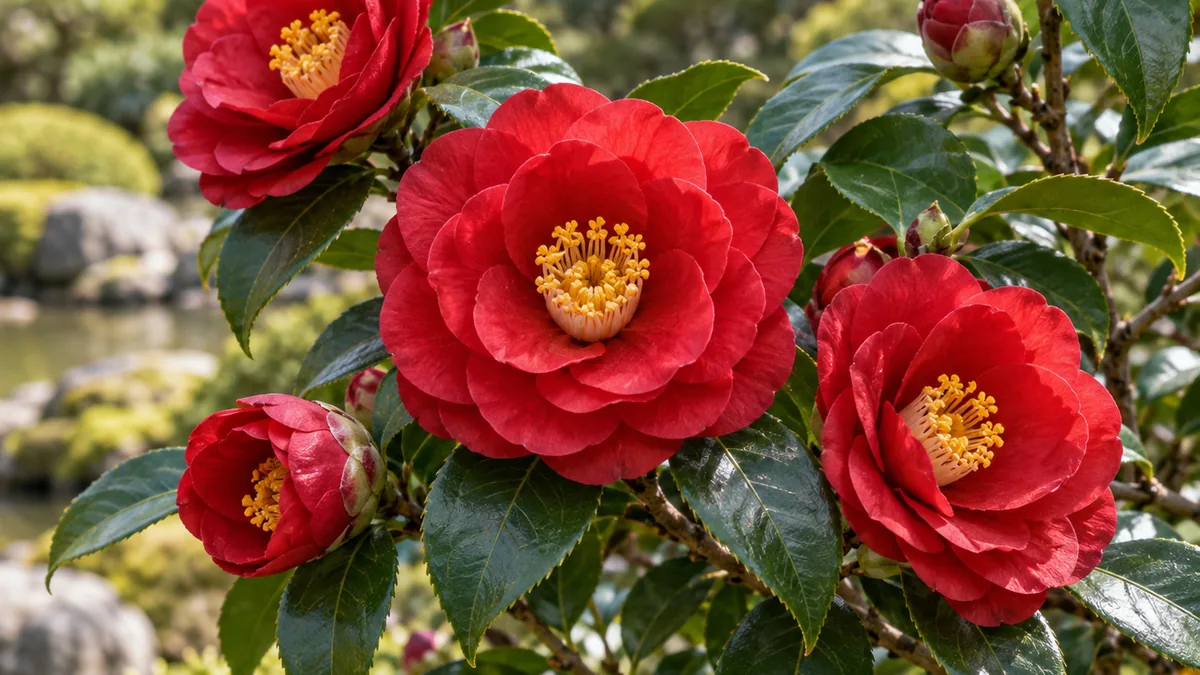 Fleurs rouges et feuilles persistantes d’un Camellia japonica