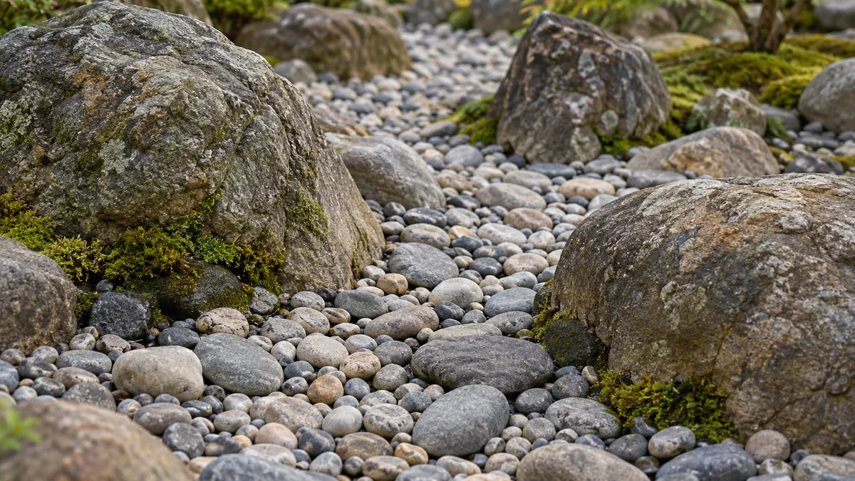 Galets roulés autour de roches partiellement enterrées dans un lit de rivière japonais