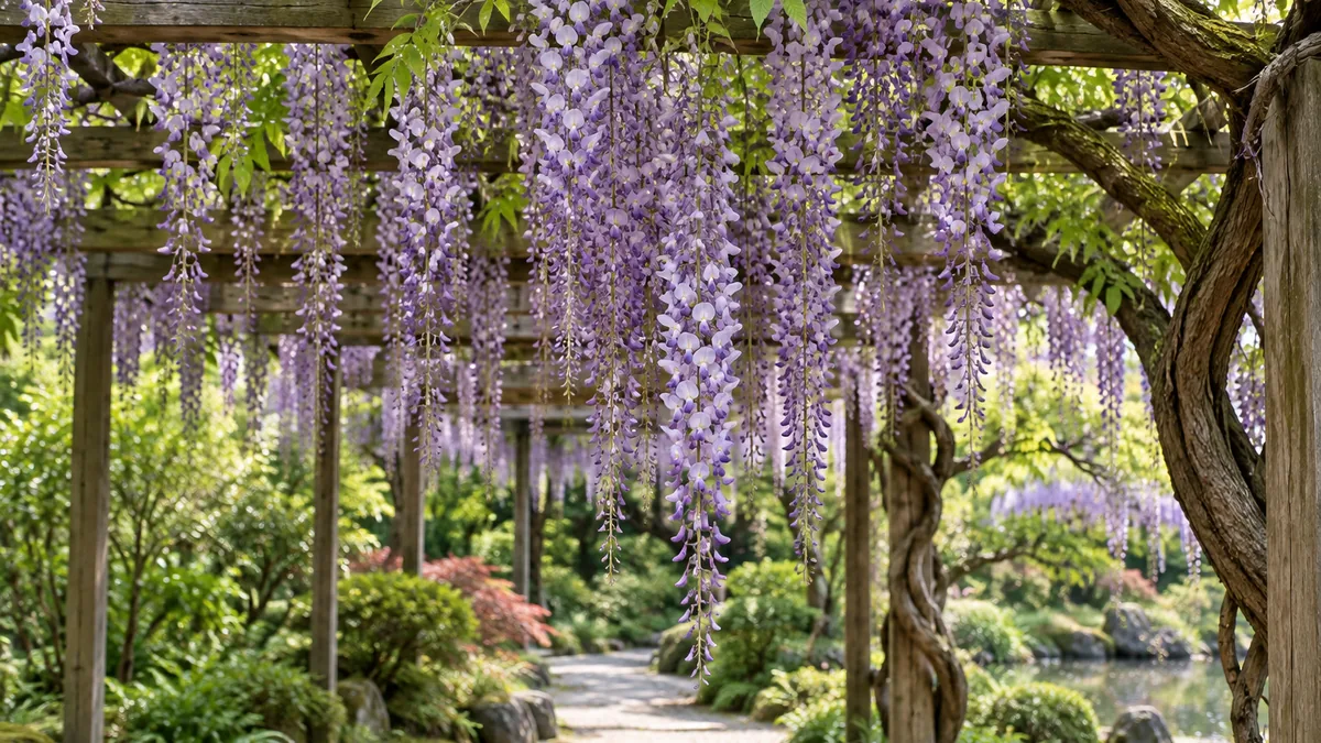 Glycine du Japon aux longues grappes suspendues sous une pergola en bois