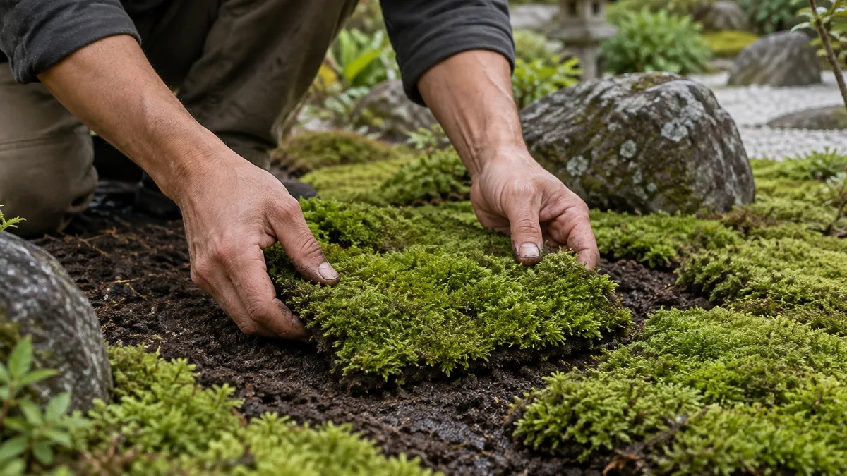 Installation de plaques de mousse pour jardin japonais sur un sol humide