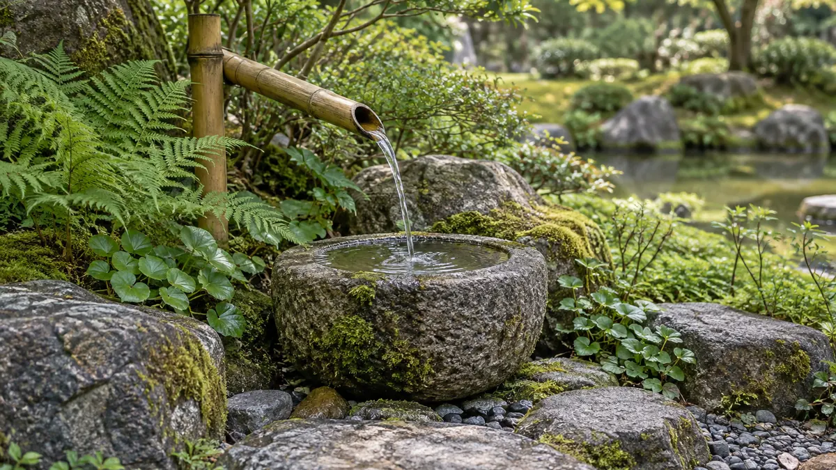 Petite fontaine de jardin zen extérieur parmi des pierres et des fougères
