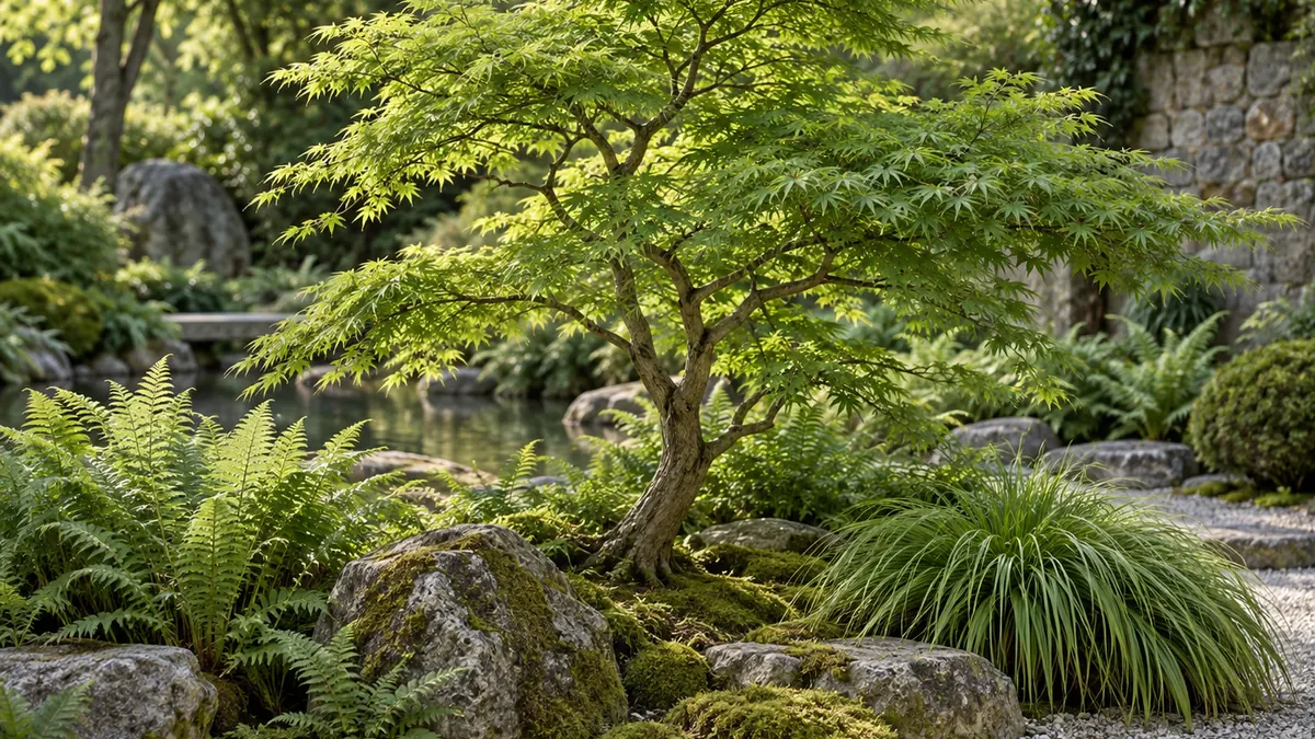 Jardin zen avec érable du Japon, pierres, fougères et hakonechloas