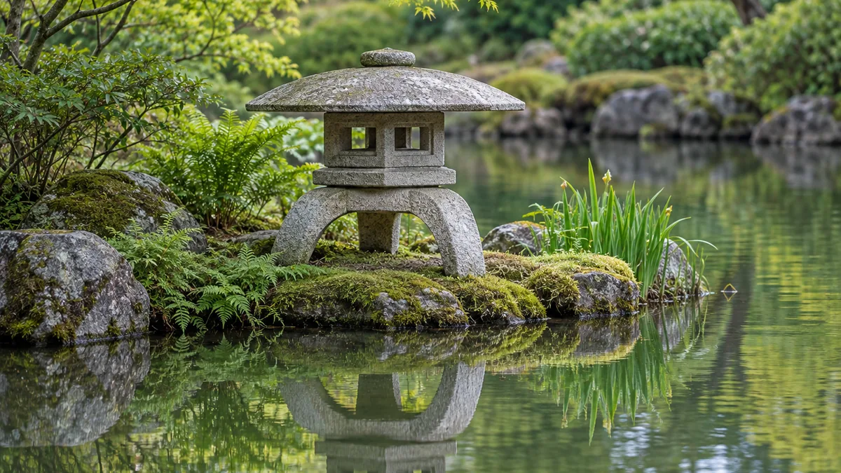 Lanterne japonaise Yukimi en granit au bord de l'eau