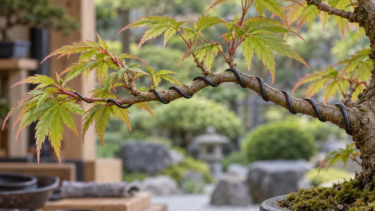 Fil de ligature posé sur une branche souple de jeune bonsaï