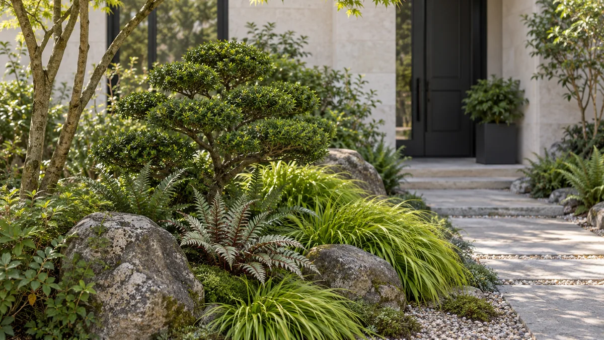 Massif de jardin japonais près d’une entrée de maison avec rochers et graminées