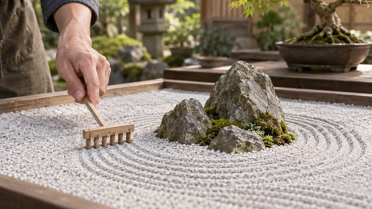 Petit râteau traçant des lignes autour des pierres d’un mini jardin zen