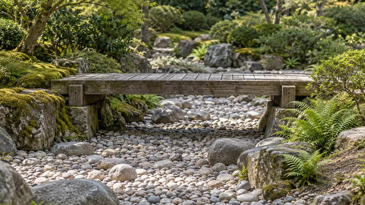 Petit pont en bois naturel au-dessus d’une rivière sèche japonaise