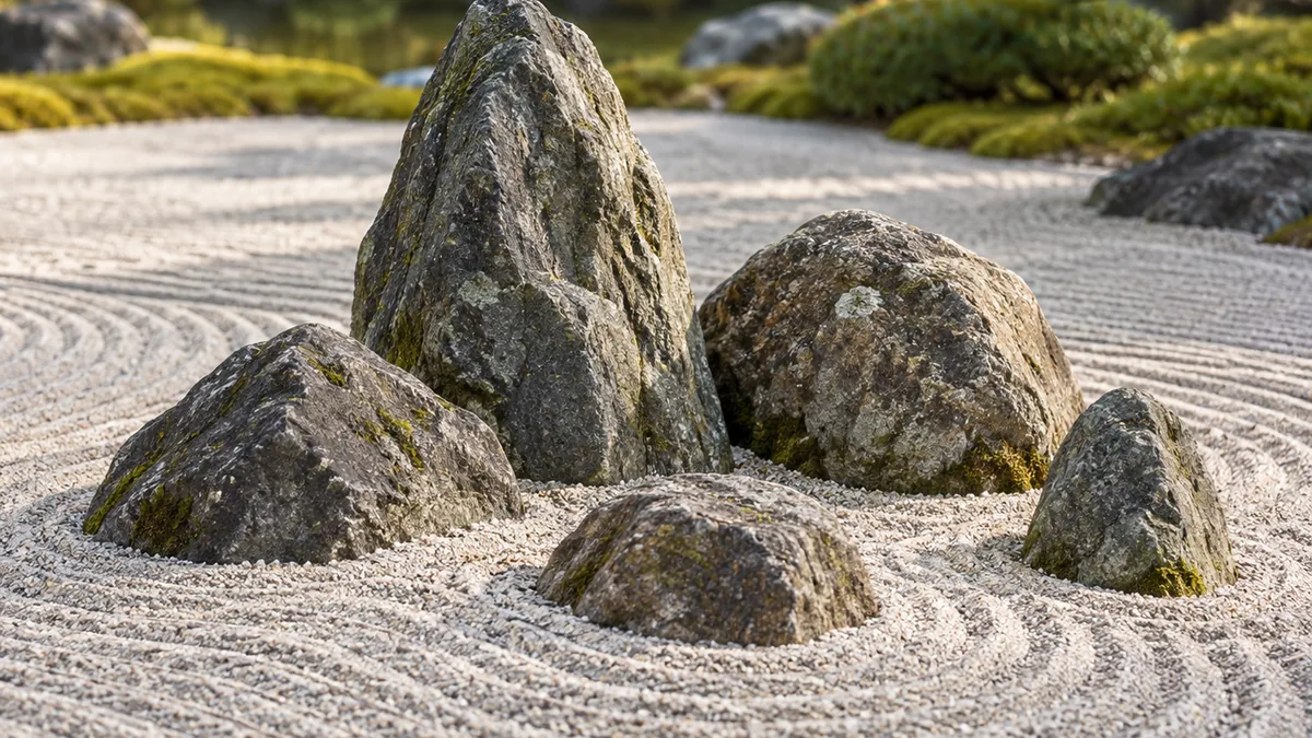 Pierres partiellement enterrées entourées de gravier ratissé dans un jardin zen